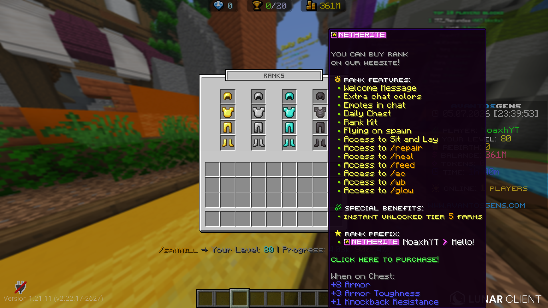The Netherite rank page in the Avantos in-game menu
